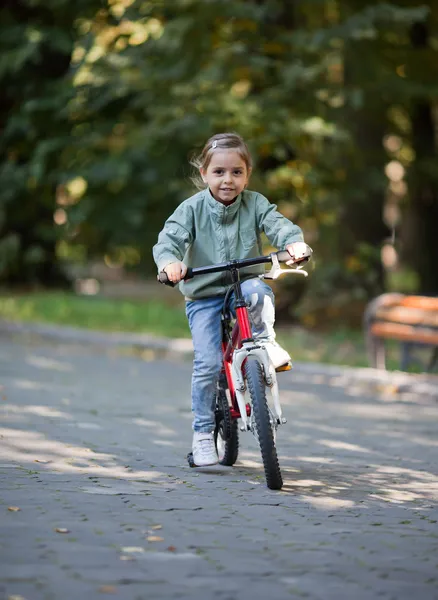 Weinig meisje paardrijden fiets — Stockfoto