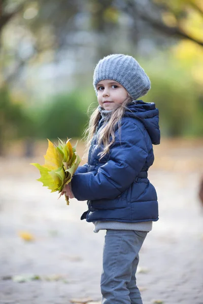 Little girl holding the bouquet from leaves — Stock Photo, Image