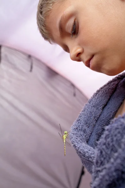 Dragonfly sits on boy's clothes — Stock Photo, Image