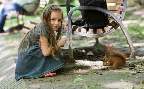 Little girl with squirrel — Stock Photo, Image