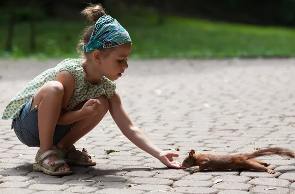 Little girl and squirrel — Stock Photo, Image