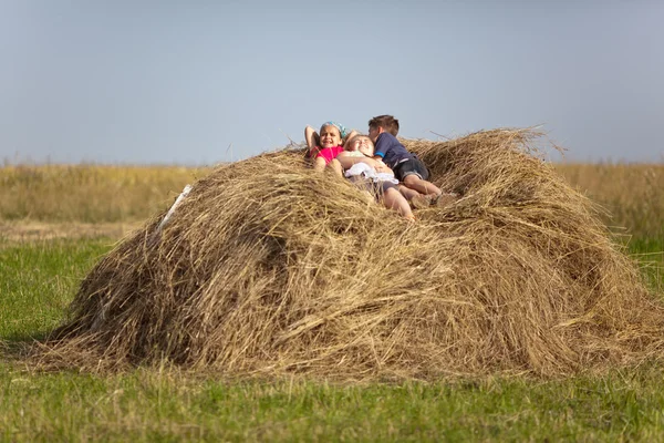 Дети отдыхают на сене — стоковое фото