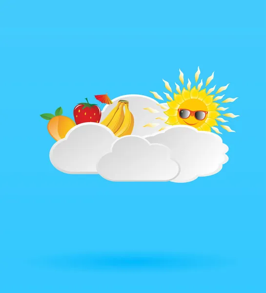 Fond bleu avec des fruits et du soleil dans les nuages — Image vectorielle