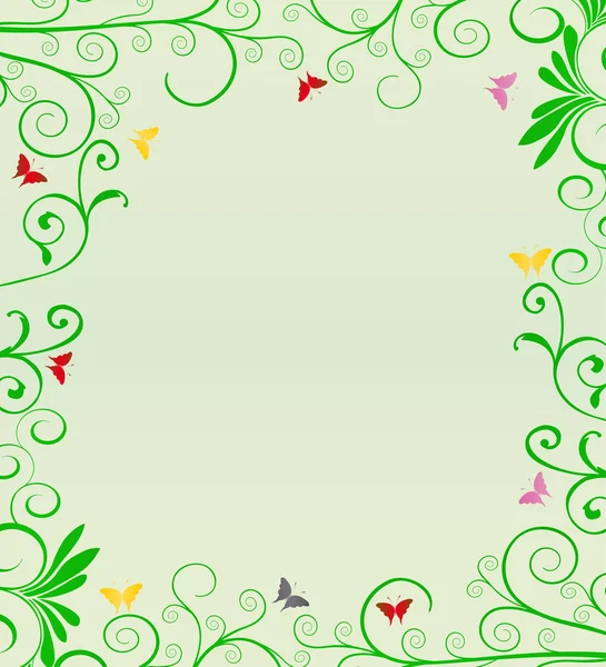 Arrière-plan avec végétation verte sur les bords et les papillons — Image vectorielle