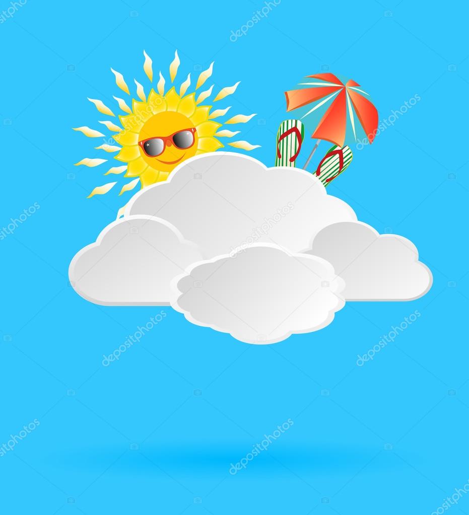 Background with clouds lit by the sun with the elements of beach