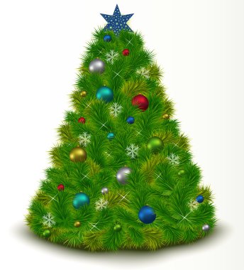 oyuncaklar, kar taneleri, parlayan yıldız ile güzel Noel ağacı,