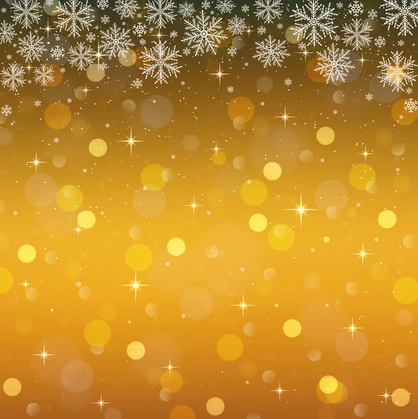 Fundo dourado com flocos de neve. Luzes de Natal com estrelas — Vetor de Stock