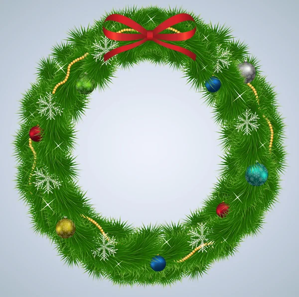 Green Christmas wreath with ornaments and red ribbon — Stock Vector