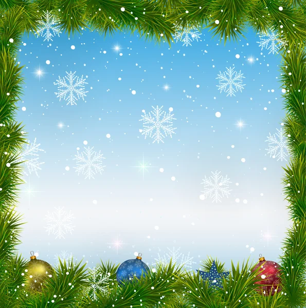 Weihnachten blauer Hintergrund mit Schneeflocken und Spielzeug — Stockvektor
