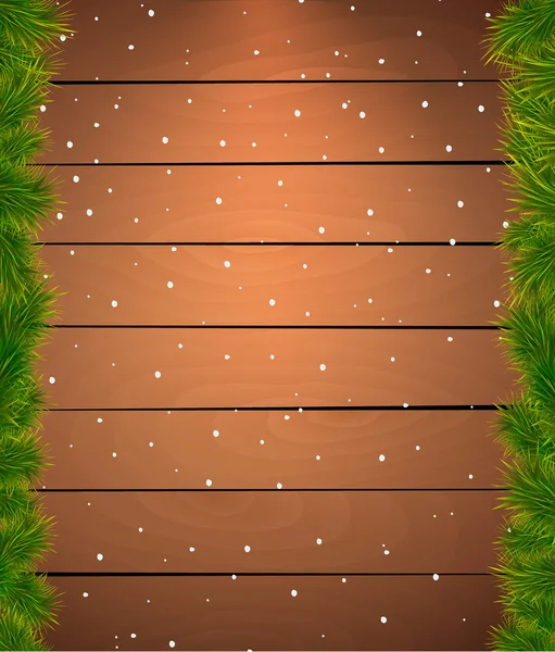 Fir 小枝とのクリスマス雪背景。レイと木製のフレーム — ストックベクタ