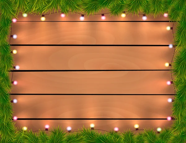Luces de Navidad con ramas de abeto, fondo de madera . — Vector de stock