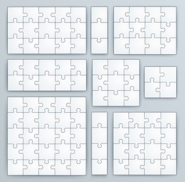 Jigsaw Puzzle Templates. Set of puzzle 15, 3, 12, 10, 9, 4, 16, 25 pieces