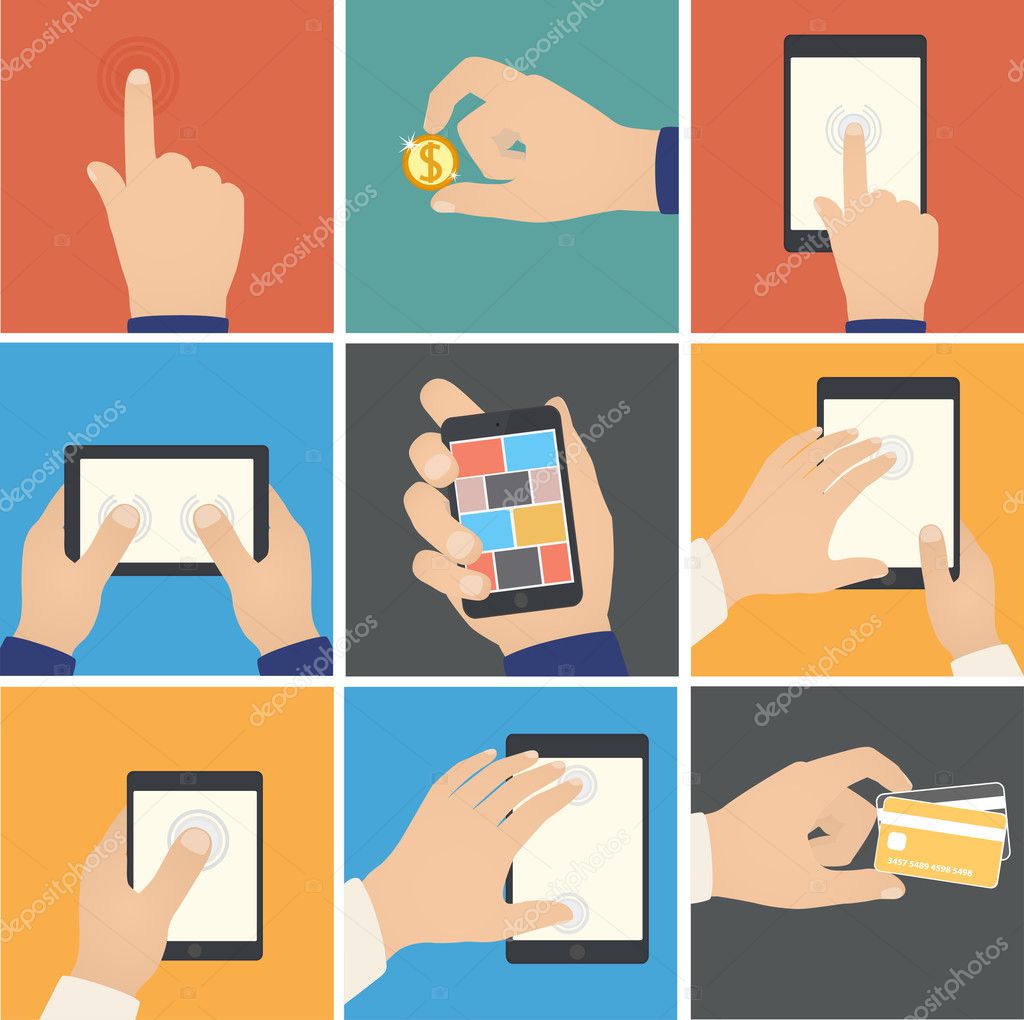 Business hands action, pointers to touch digital devices, e-comm