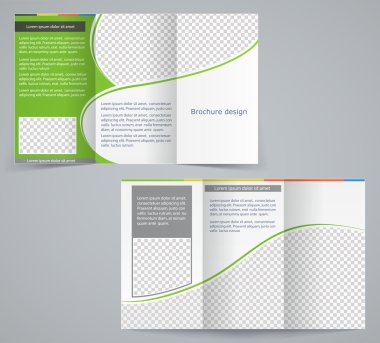 Tri-fold business brochure template, vector green design flyer clipart