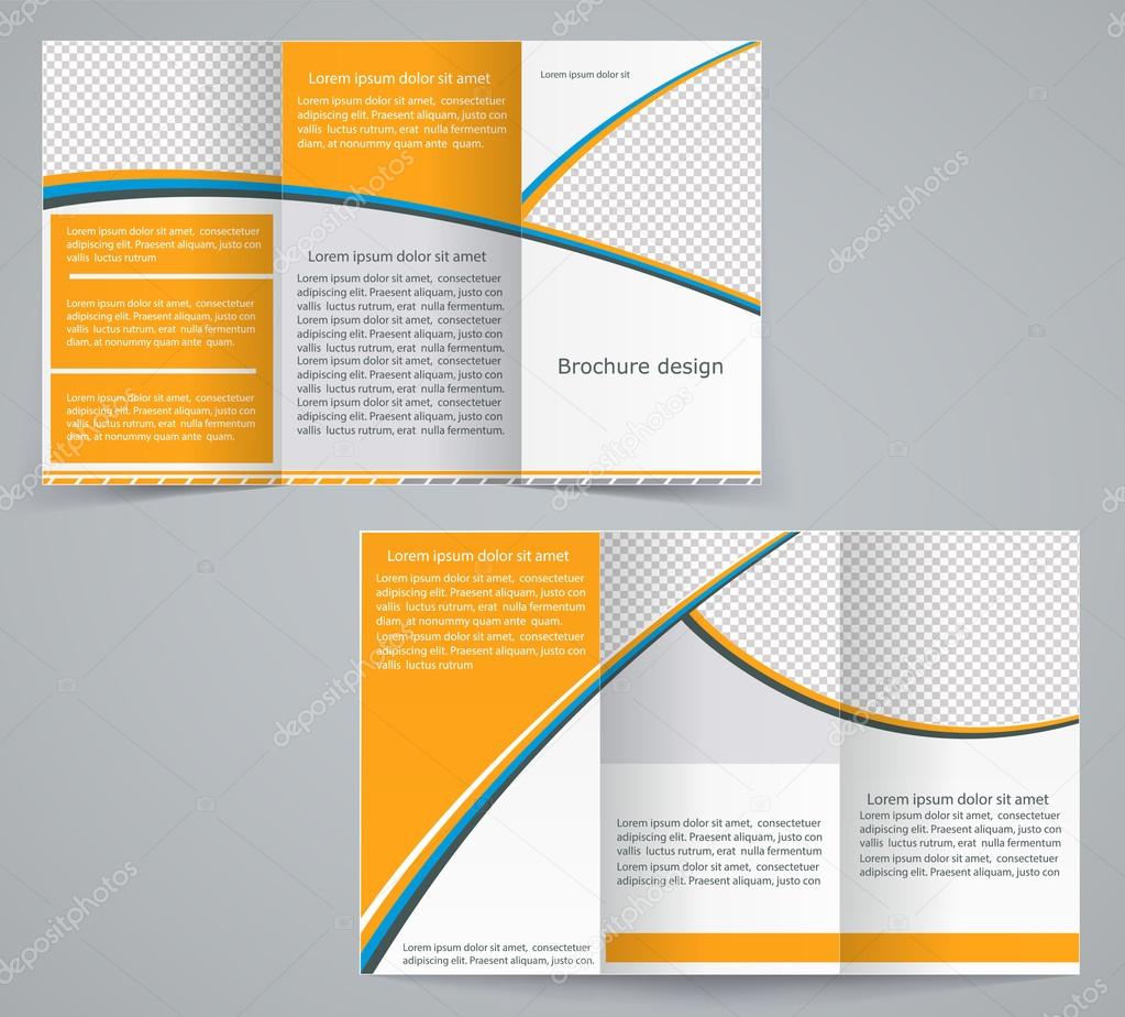 Tri-fold business brochure template, vector orange design flyer