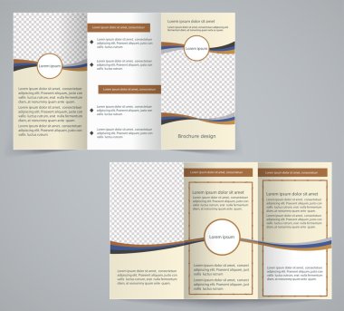Tri-fold business brochure template, vector brown design flyer clipart