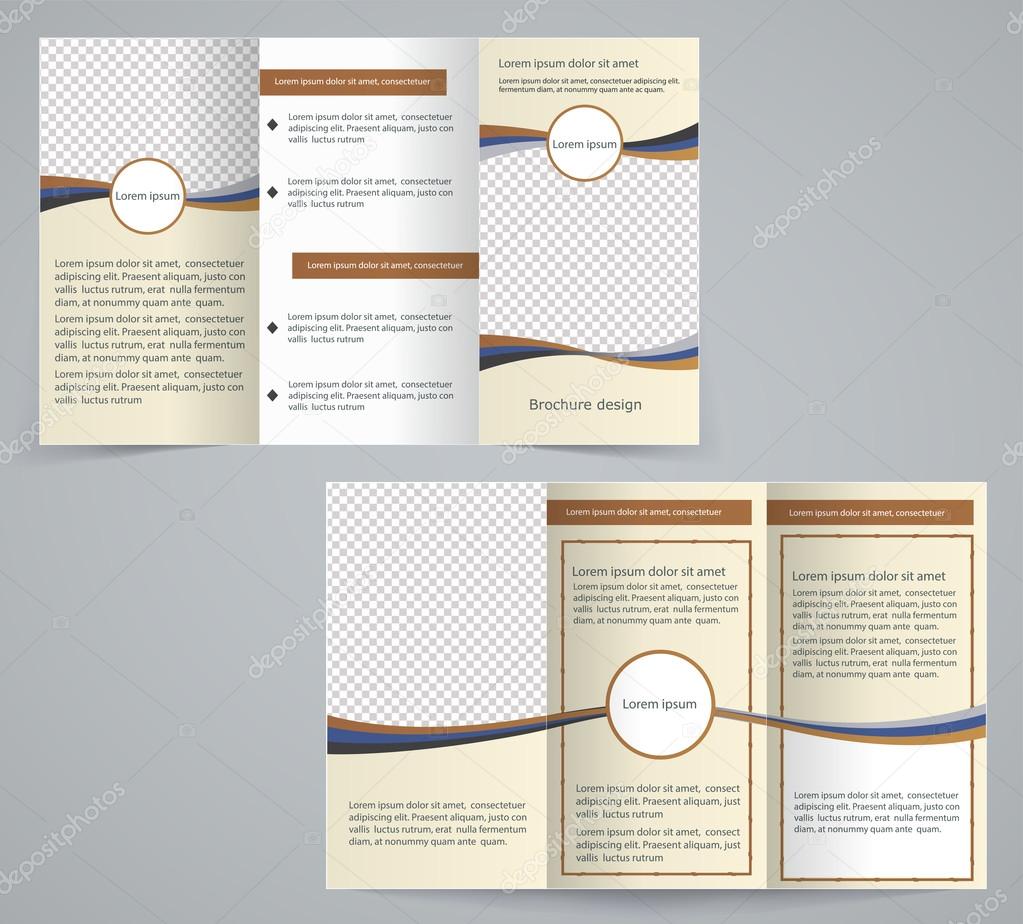 Tri-fold business brochure template, vector brown design flyer