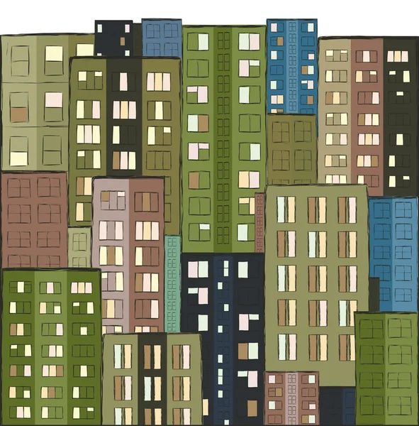 Cidade, panorama colorido de casas desenhadas à mão — Vetor de Stock