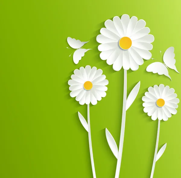 Flores de verão com borboletas em um fundo verde brilhante — Vetor de Stock