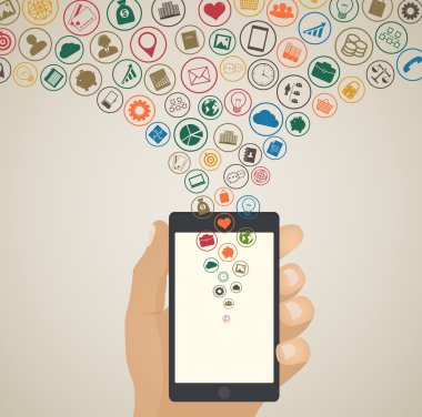 Mobile app development concept, Cloud media icons around tablet 