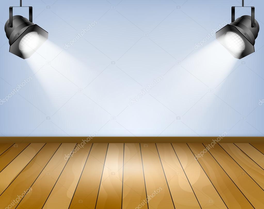 Blue background with spotlights. Studio with wooden floor
