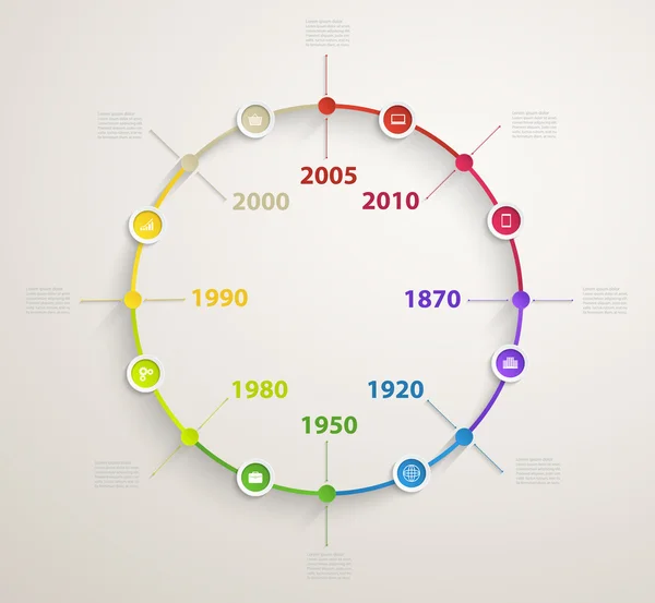 Tidslinjen infographics med ekonomiska ikoner vektor cirkulära struct — Stock vektor