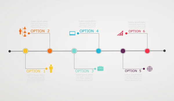 Timeline-Infografik mit Business-Symbolen, Schritt für Schritt horizontal — Stockvektor