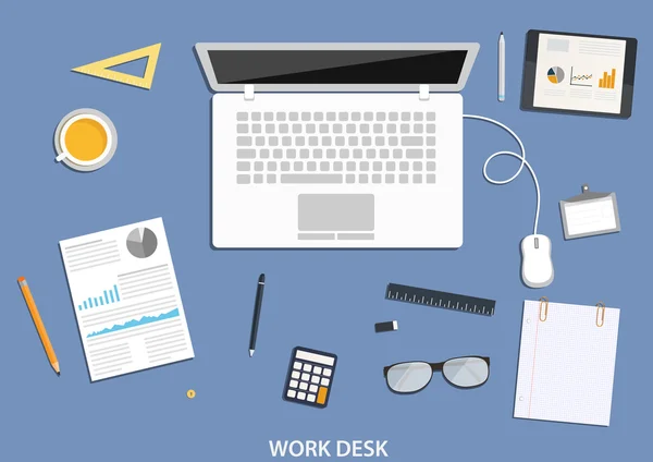 Рабочее пространство, плоский дизайн рабочего стола с бизнес-иконками — стоковый вектор