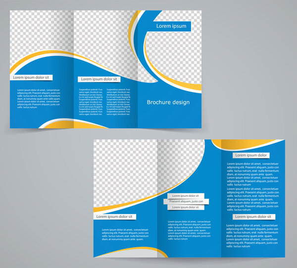 Tri-fold business brochure template, vector blue design flyer wi