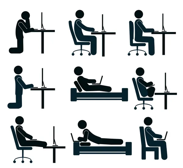 Bad and good working position of the human at the computer — Stock Illustration Bad and good working position of the human at the computer Vector Graphics