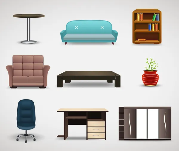Iconos de muebles, conjunto de elementos interiores — Vector de stock