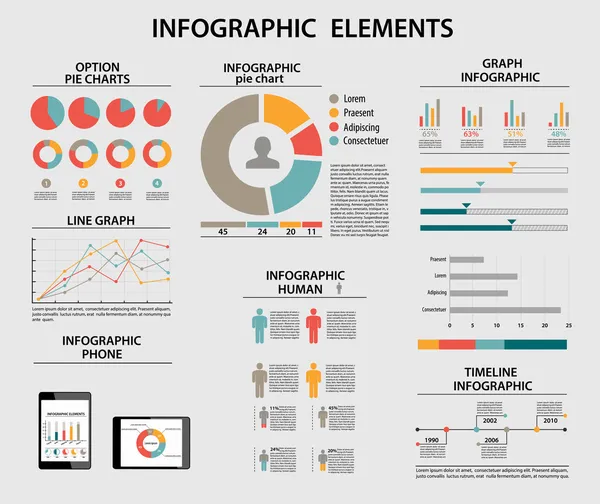 Elementos infográficos de negócios, gráficos de torta, timeline, crescente gra — Vetor de Stock