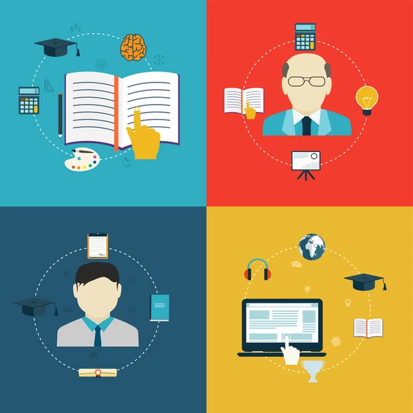 Iconos de diseño plano de la educación, el aprendizaje en línea y la investigación . — Vector de stock
