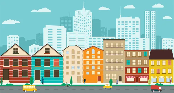 Calles de pueblo con vistas a los rascacielos en un diseño plano — Vector de stock