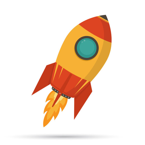 Cosmic rocket in flat design on white background.