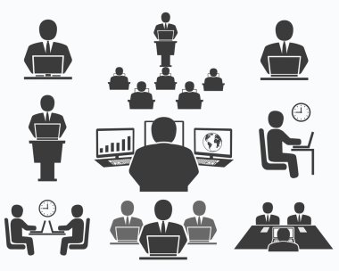 iş adamları. Office simgeleri, konferans, bilgisayarın çalışma