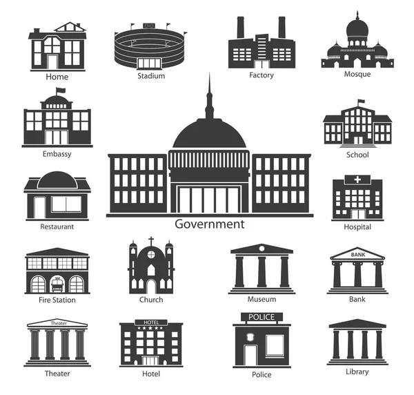 Conjunto de iconos de construcción, edificios gubernamentales — Vector de stock