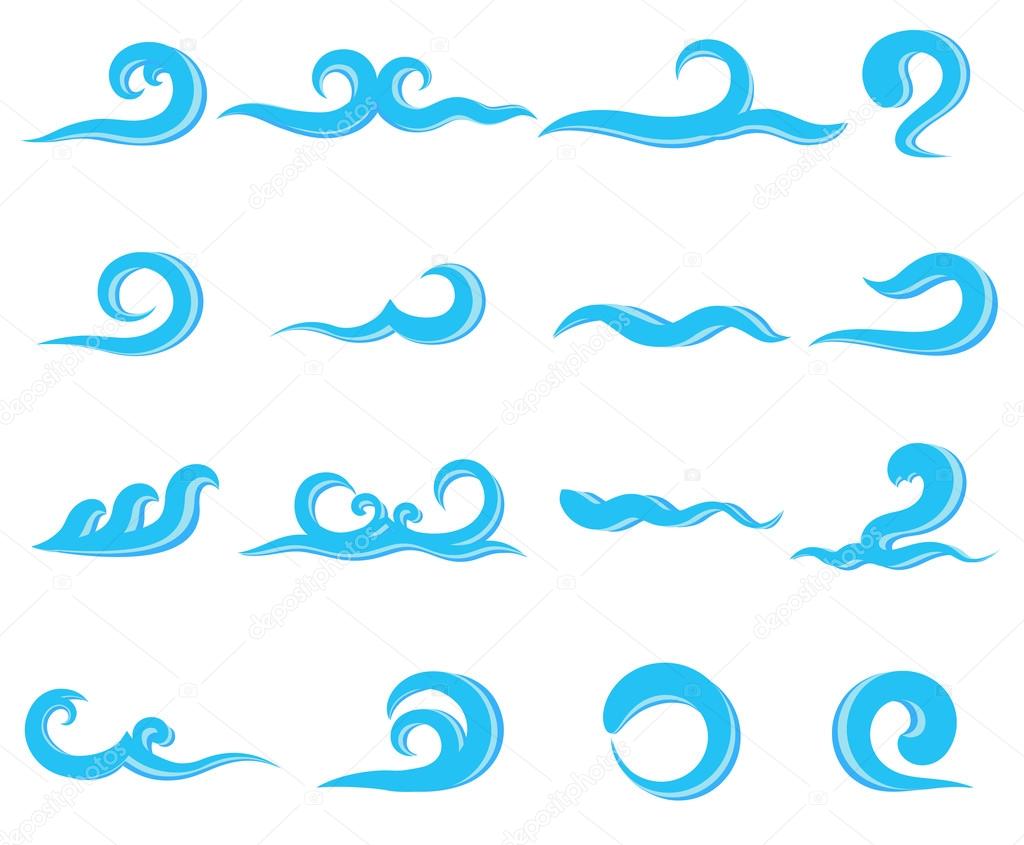Set of blue sea waves, water splashing