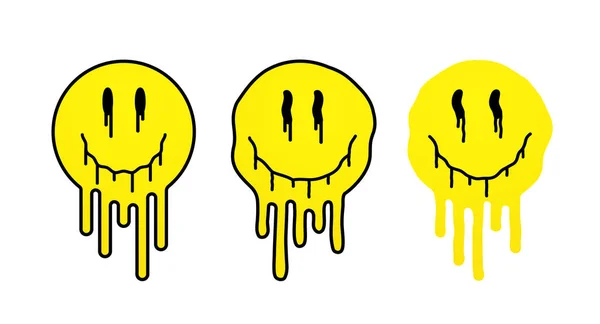 Roztavený Žlutý Úsměv Pozitivní Usmívající Tváře Formě Tekutiny Barva Stříkající — Stockový vektor
