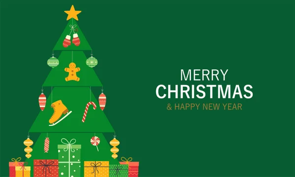 Weihnachtsbaum Mit Stern Girlanden Christbaumkugeln Weihnachtsschmuck Geschenkschachteln Neujahrsbanner Geschenkkarte Webposter — Stockvektor