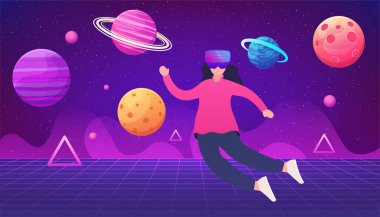 Virtual reality concept, metaverse. Girl in a VR helmet flies in space among the planets.