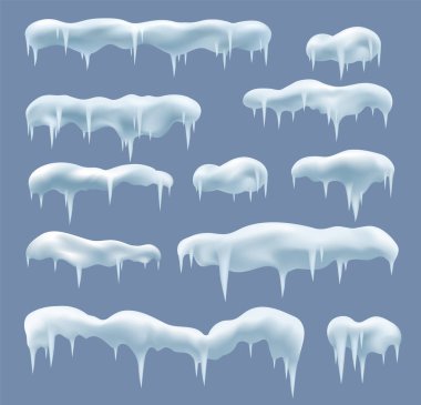 Snow drifts with ice icicles on blue background. Frozen ice caps, Christmas and New Years winter decor elements.