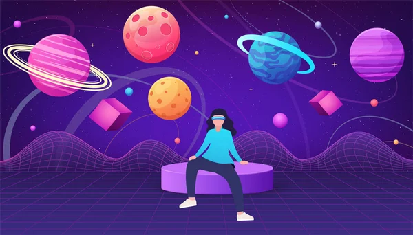 Virtual Reality Concept Metaverse Girl Virtual Reality Glasses Space Planets — Διανυσματικό Αρχείο