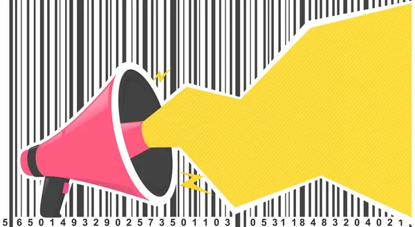 Loudspeaker Yellow Text Bubble Barcode Megafon Announcement Announcements Promotions Marketing — Vetor de Stock
