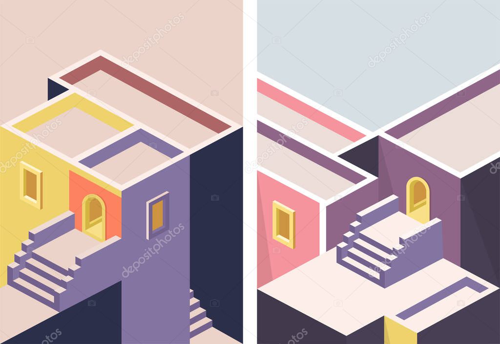 Simple house architecture design with stairs, doors and windows. Geometric set of brochures, wall arts, posters, patterns.