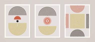 Yüzyılın ortalarında geometrik şekilli el yapımı posterler. Duvar dekorasyonu, kapağı, sosyal medya, broşür tasarımı, damgalaması, baskısı için kompozisyon tasarımı.