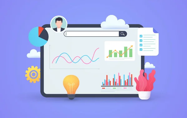 ビジネスデータ分析 財務報告表付きのタブレット コンセプトインターネットマーケティング 投資分析 — ストックベクタ