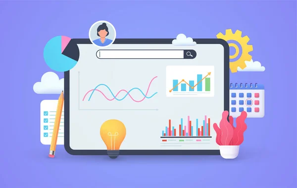 ビジネスデータ分析市場動向 財務報告表付きのタブレット インターネットマーケティングの概念 投資分析 — ストックベクタ