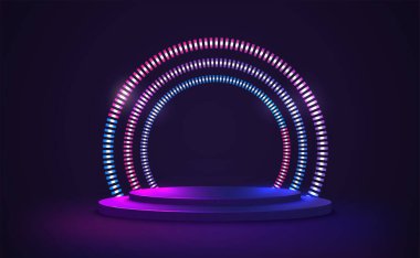 Boş podyum, parlak neon yüzüklere sahip fütürist tarzda bir platform. Geometrik mavi-menekşe hareket eden çerçeve.