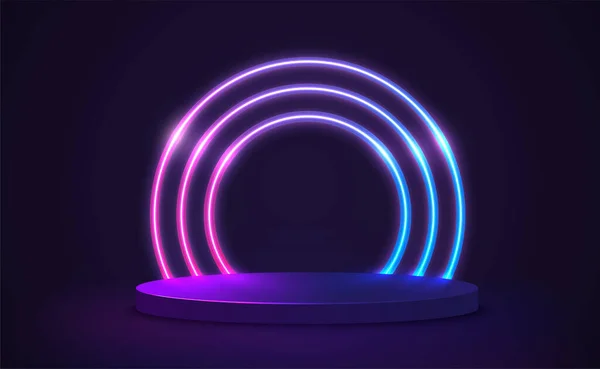 Podio Vacío Plataforma Con Anillos Gradiente Neón Estilo Futurista Escena — Vector de stock